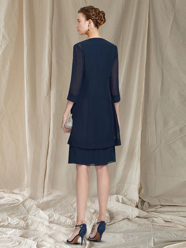 Side view of the knee-length sheath Mother of the Bride dress.