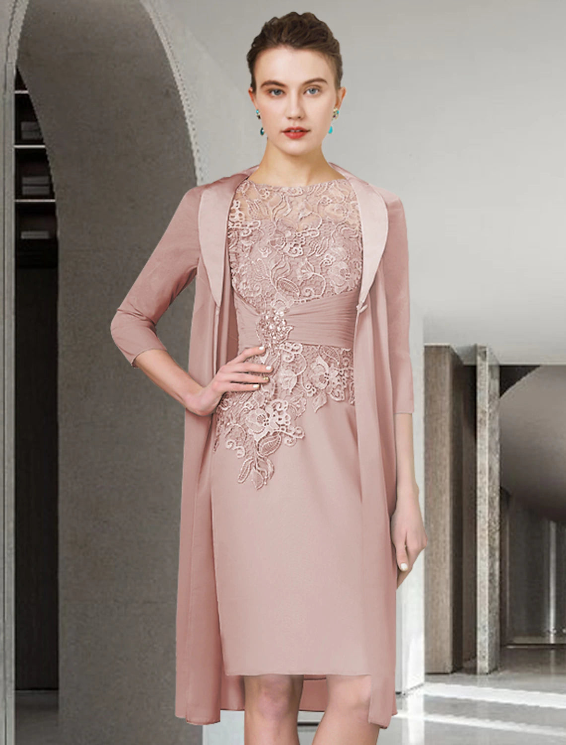 Close-up of the chiffon and lace bodice with ruched appliques.