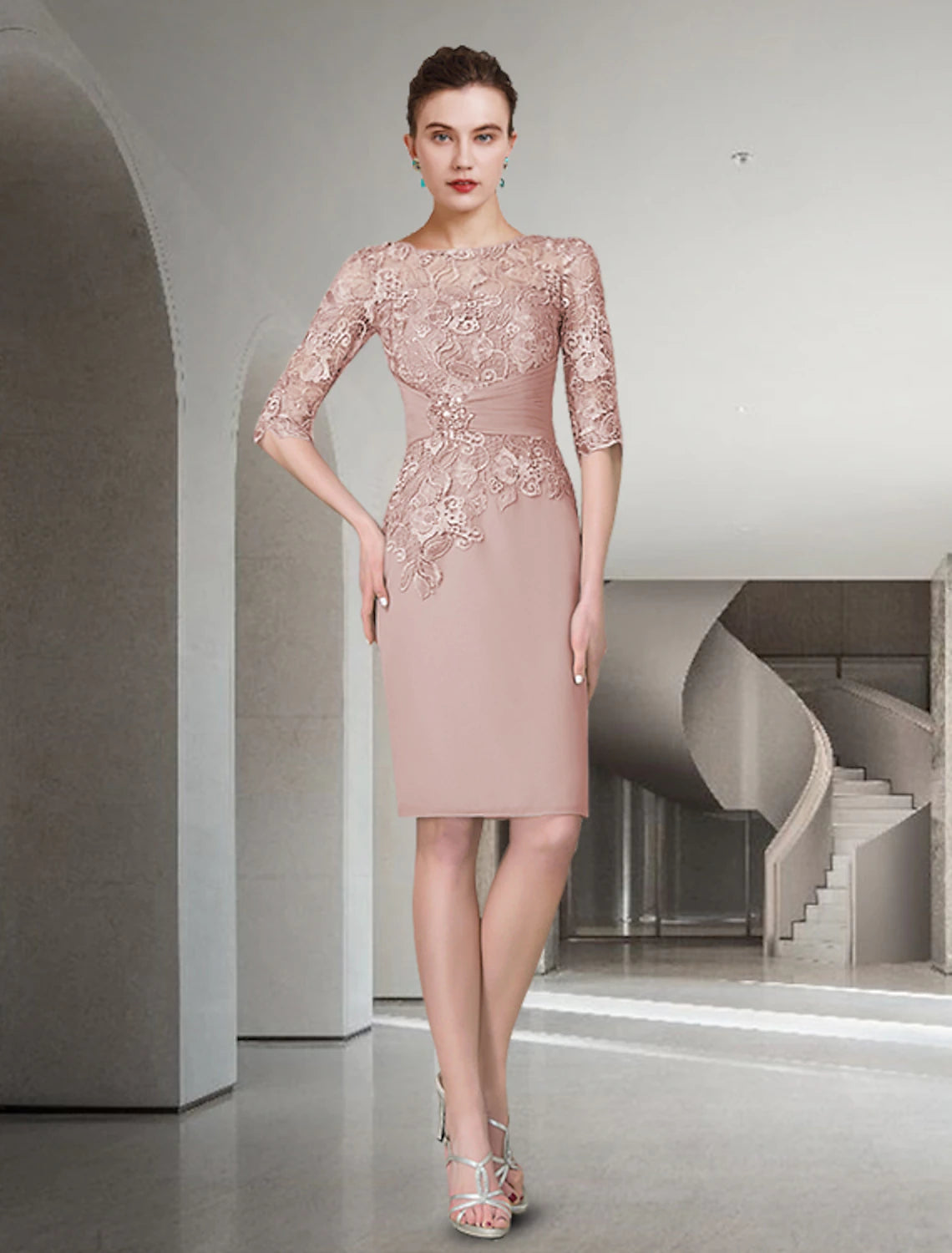 Back view of the knee-length column dress with jacket.