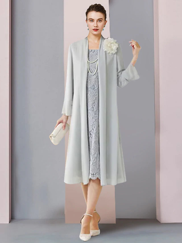 Elegant two-piece sheath mother of the bride dress with a scoop neck, lace details, and a 3/4 sleeve jacket.