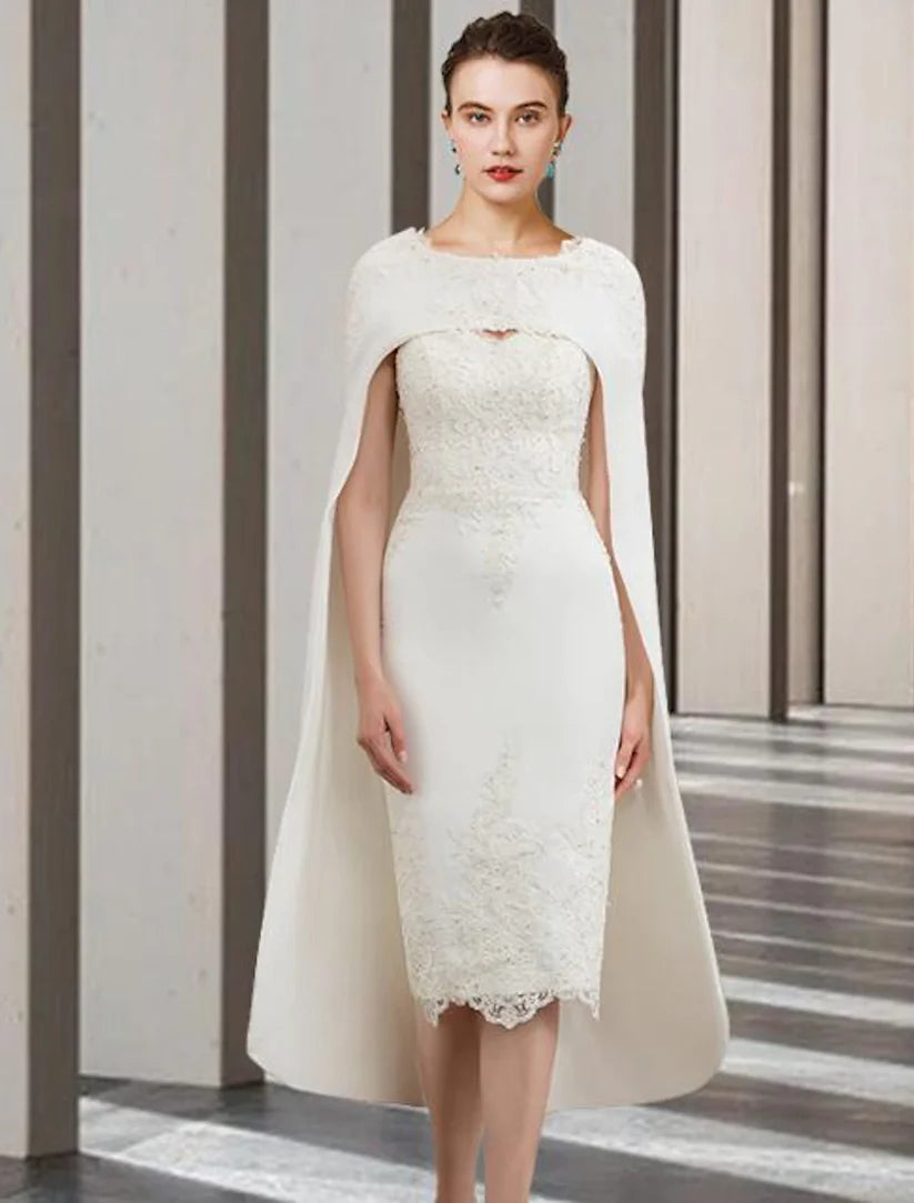 Model wearing an elegant two-piece sheath Mother of the Bride dress with jewel neck and lace bodice.