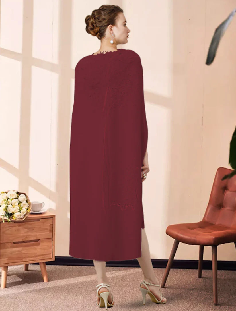 Side view of the elegant two-piece chiffon and lace dress, showing its flattering fit.
