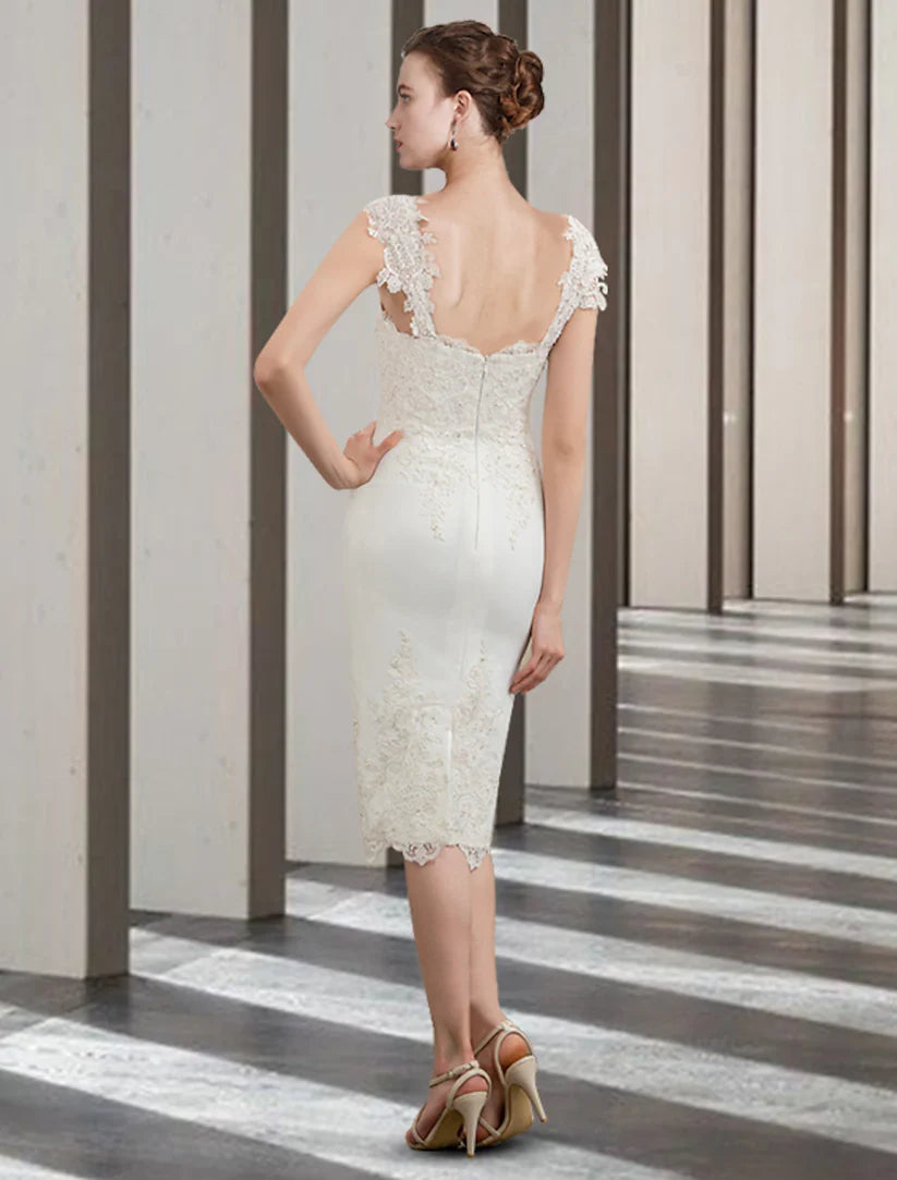 Front view of the two-piece sheath dress, emphasizing the knee-length cut and elegant style.