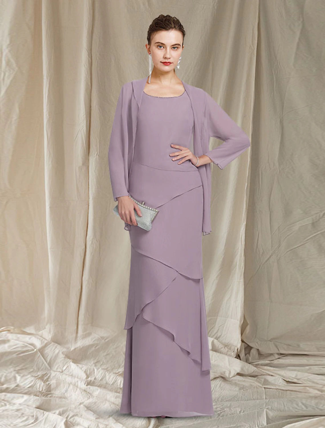 Elegant two-piece sheath mother of the bride dress with scoop neck and floor-length chiffon.