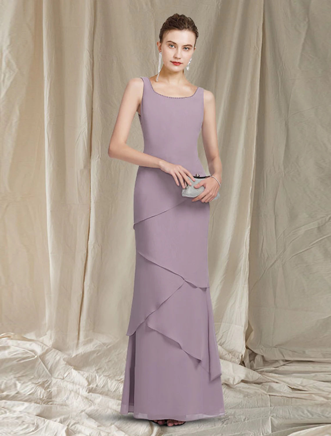 Side view of the sheath mother of the bride gown with included wrap.