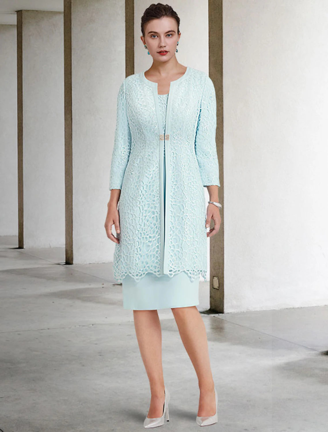 Elegant two-piece sheath Mother of the Bride dress with matching jacket, front view.
