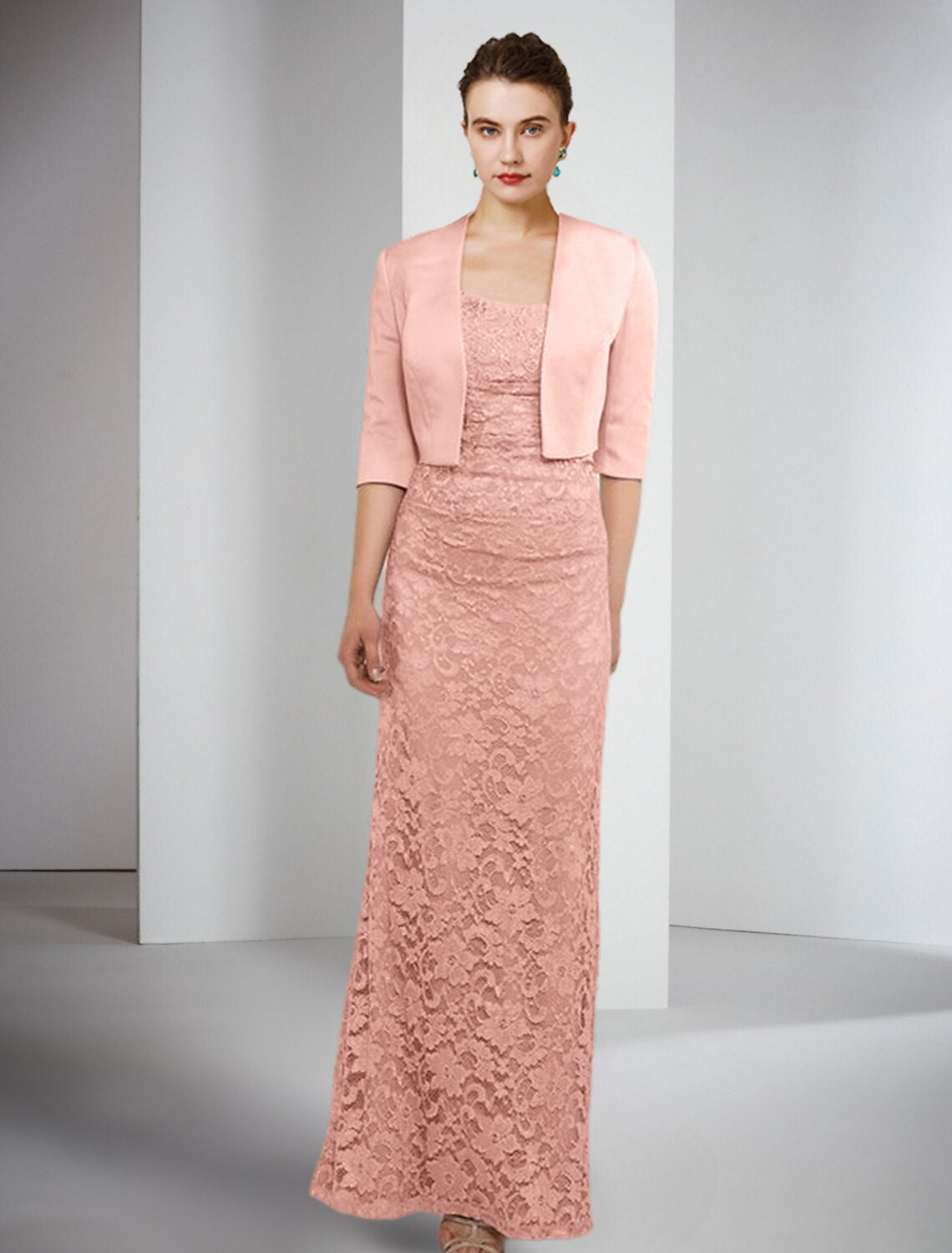 Elegant two-piece sheath Mother of the Bride dress with jacket, square neck, and half sleeves.