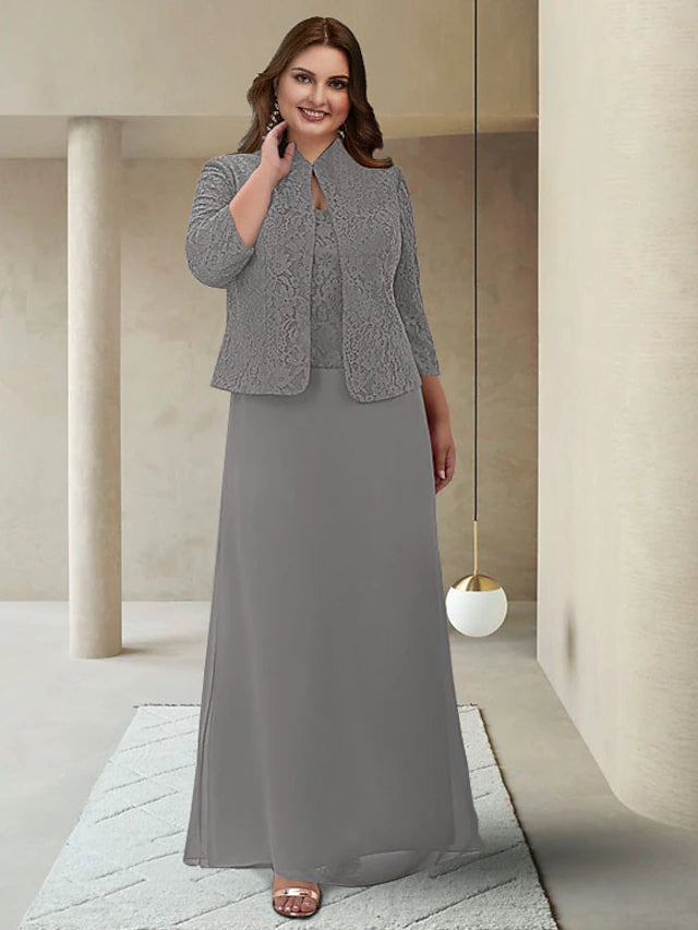 Elegant plus size two-piece mother of the bride dress with jewel neck and 3/4 sleeves, featuring lace appliques.