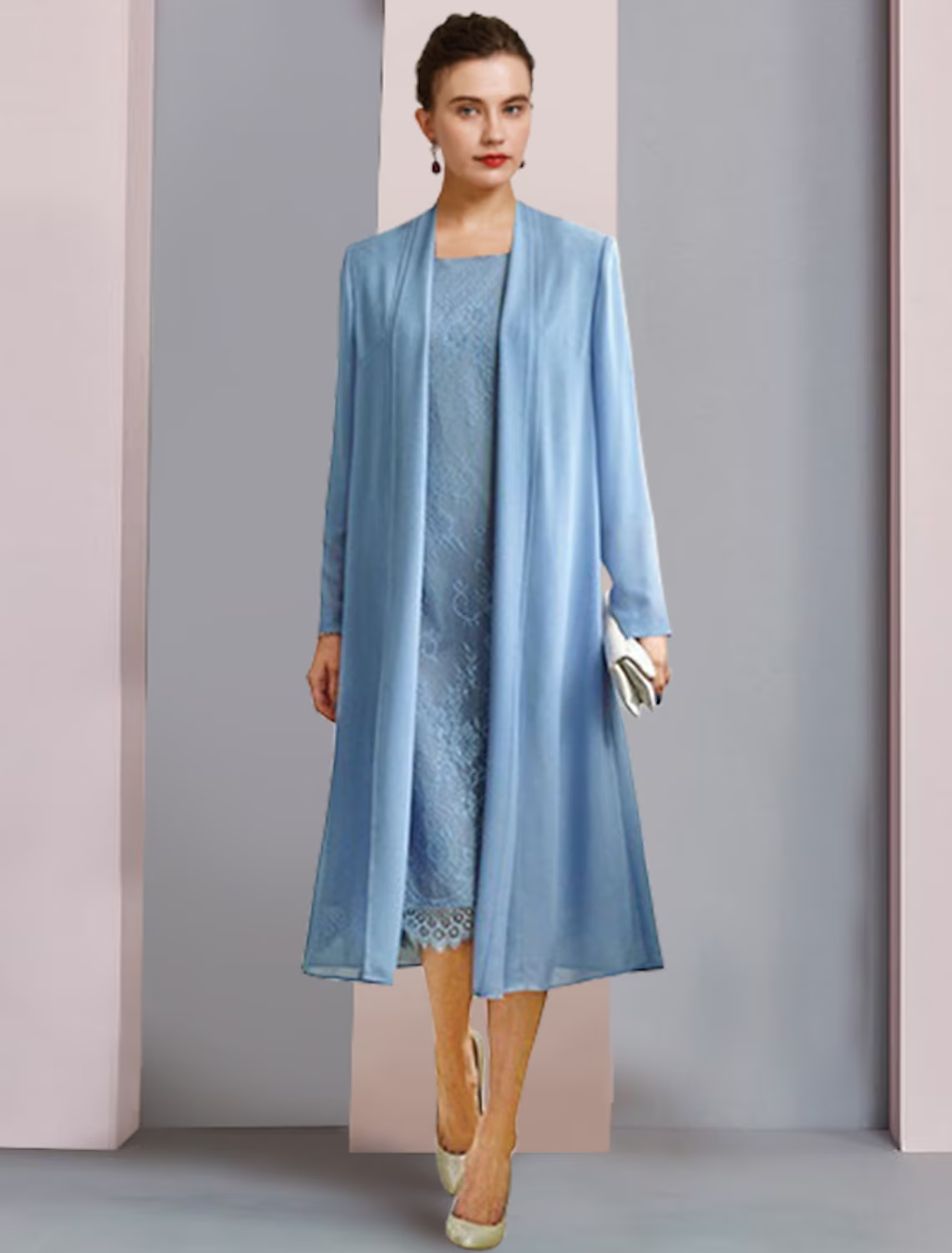 Elegant two-piece sheath mother of the bride dress with lace details and 3/4 sleeves.