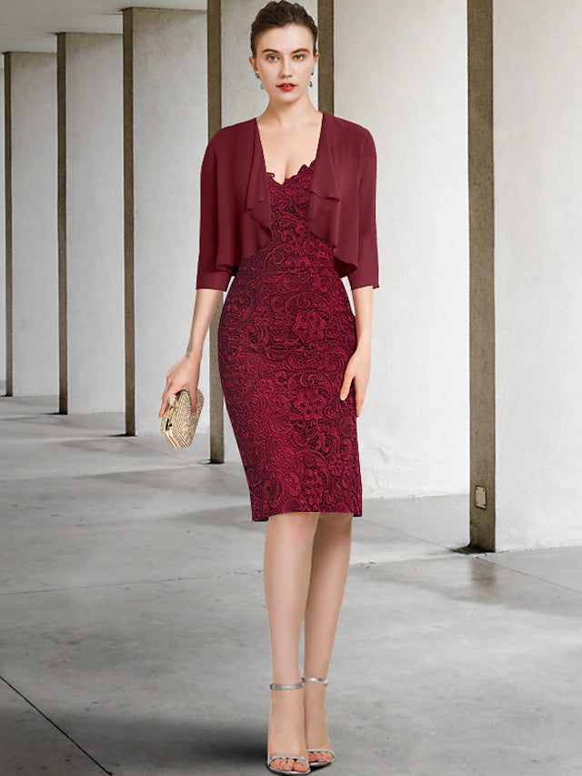 Elegant two-piece off-shoulder knee-length dress with appliques.