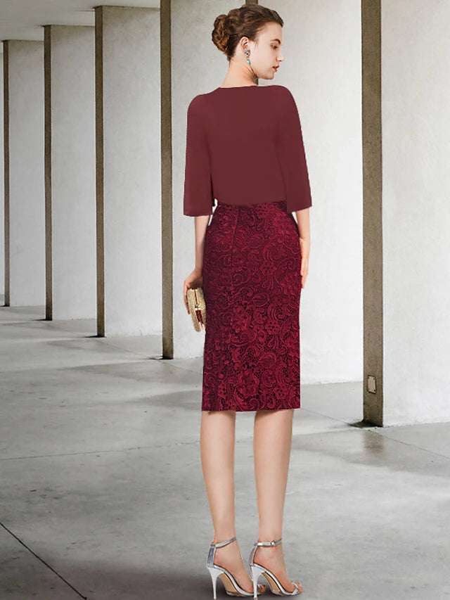Side view of the formal off-shoulder lace dress.