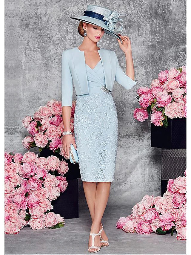 Elegant two-piece sheath dress with a plunging neckline and half sleeves, featuring satin and lace details.