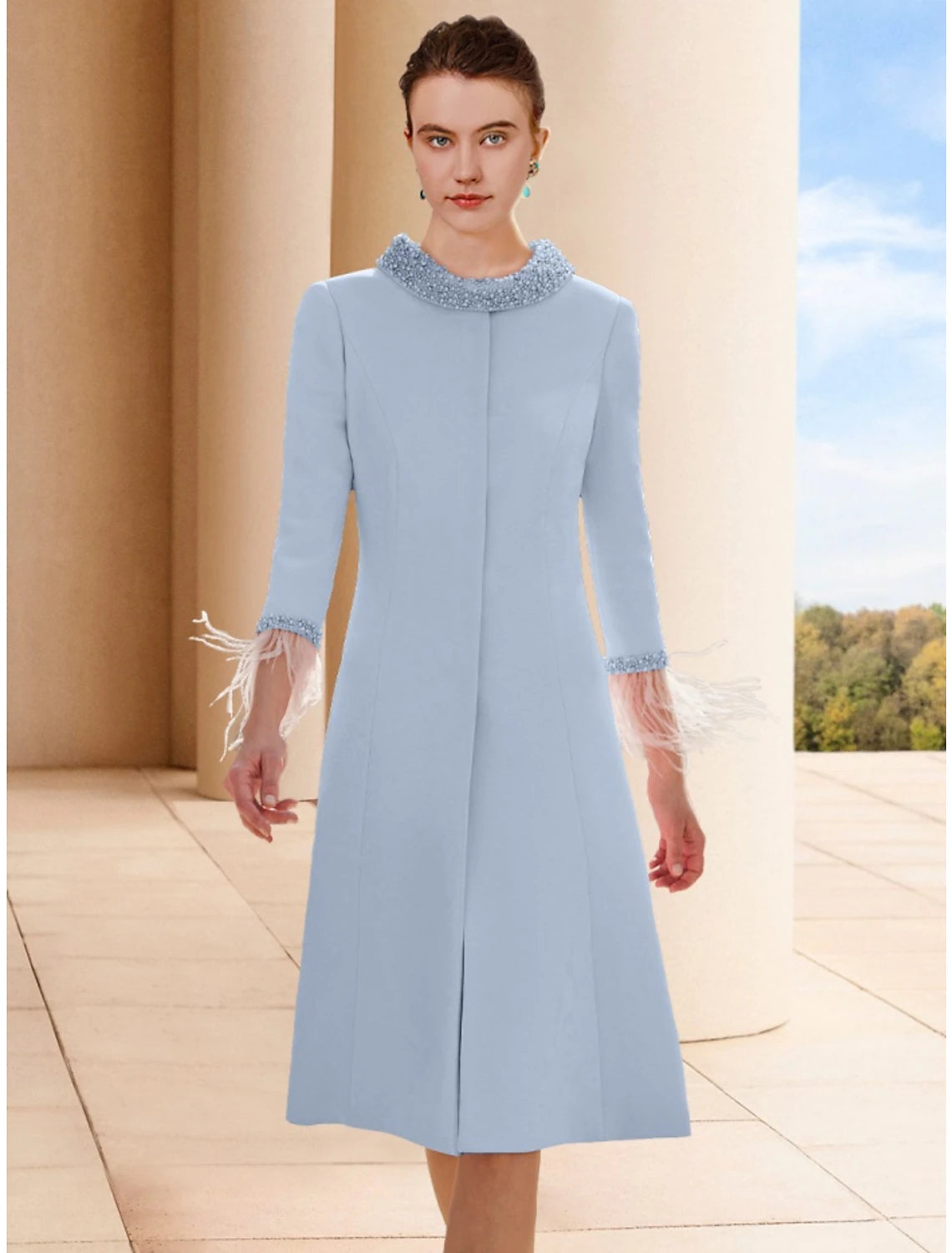 Elegant two-piece sheath Mother of the Bride dress with scoop neck, 3/4 sleeves, and beading.