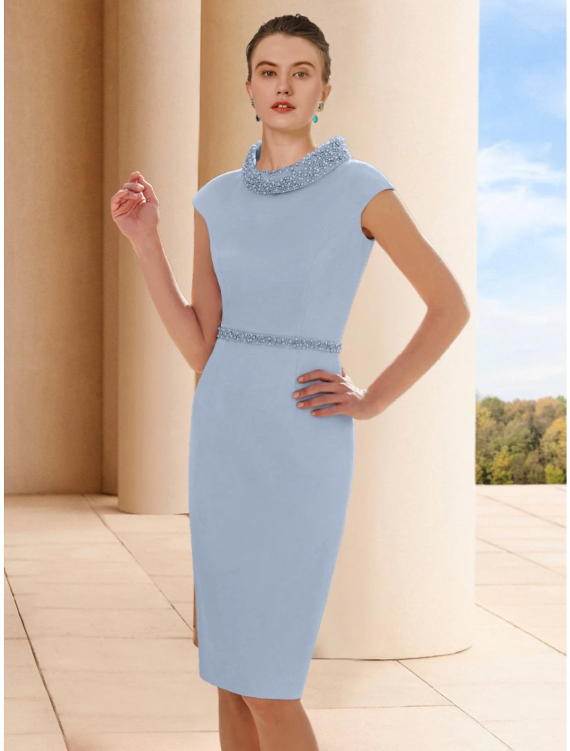 Elegant two-piece sheath Mother of the Bride dress with scoop neck, 3/4 sleeves, and beading.