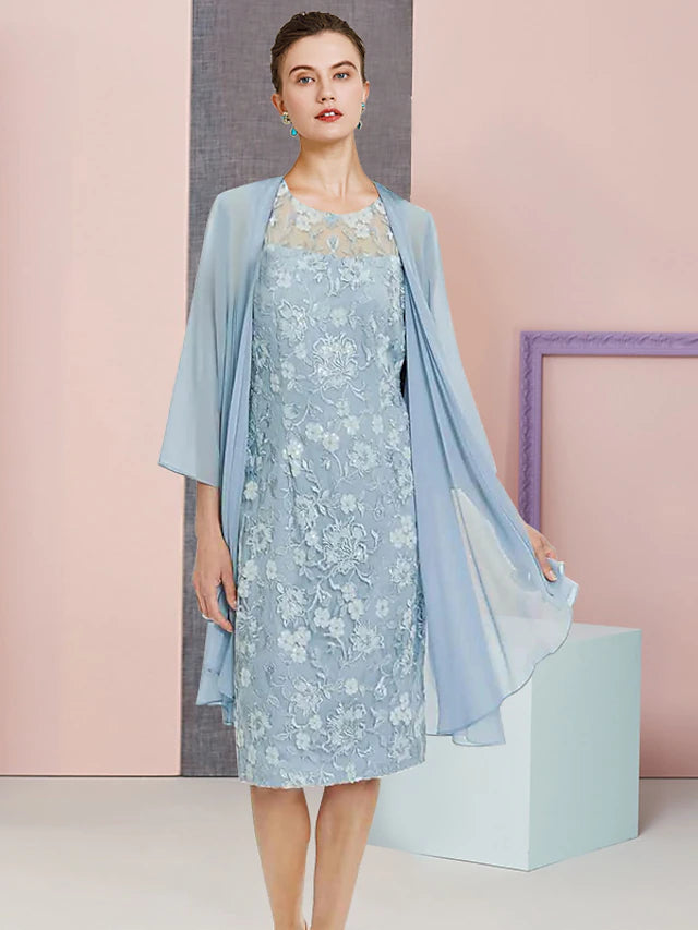 Back view of knee-length chiffon lace formal dress.