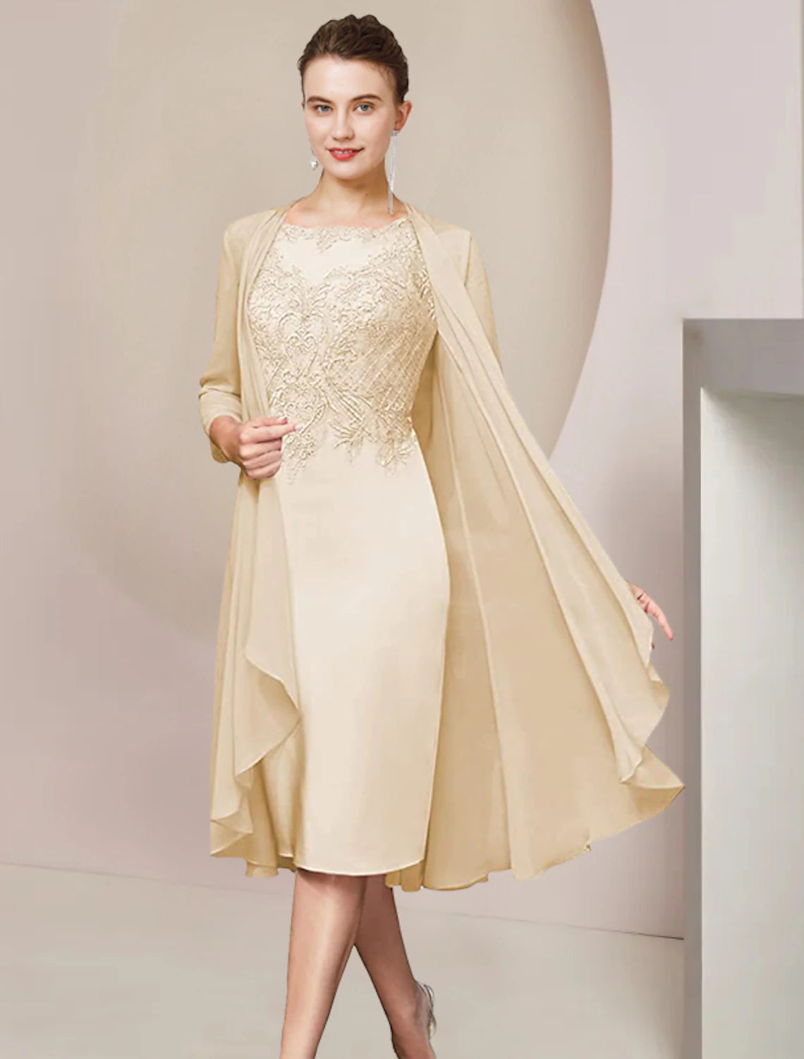 Side view of the Mother of the Bride dress, showing the jacket and overall fit.