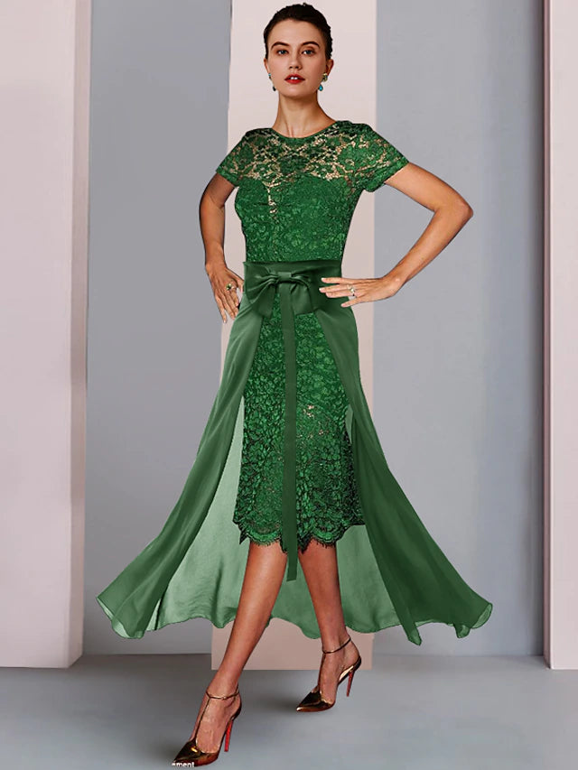 Elegant two-piece sheath mother of the bride dress with scoop neck and short sleeves.