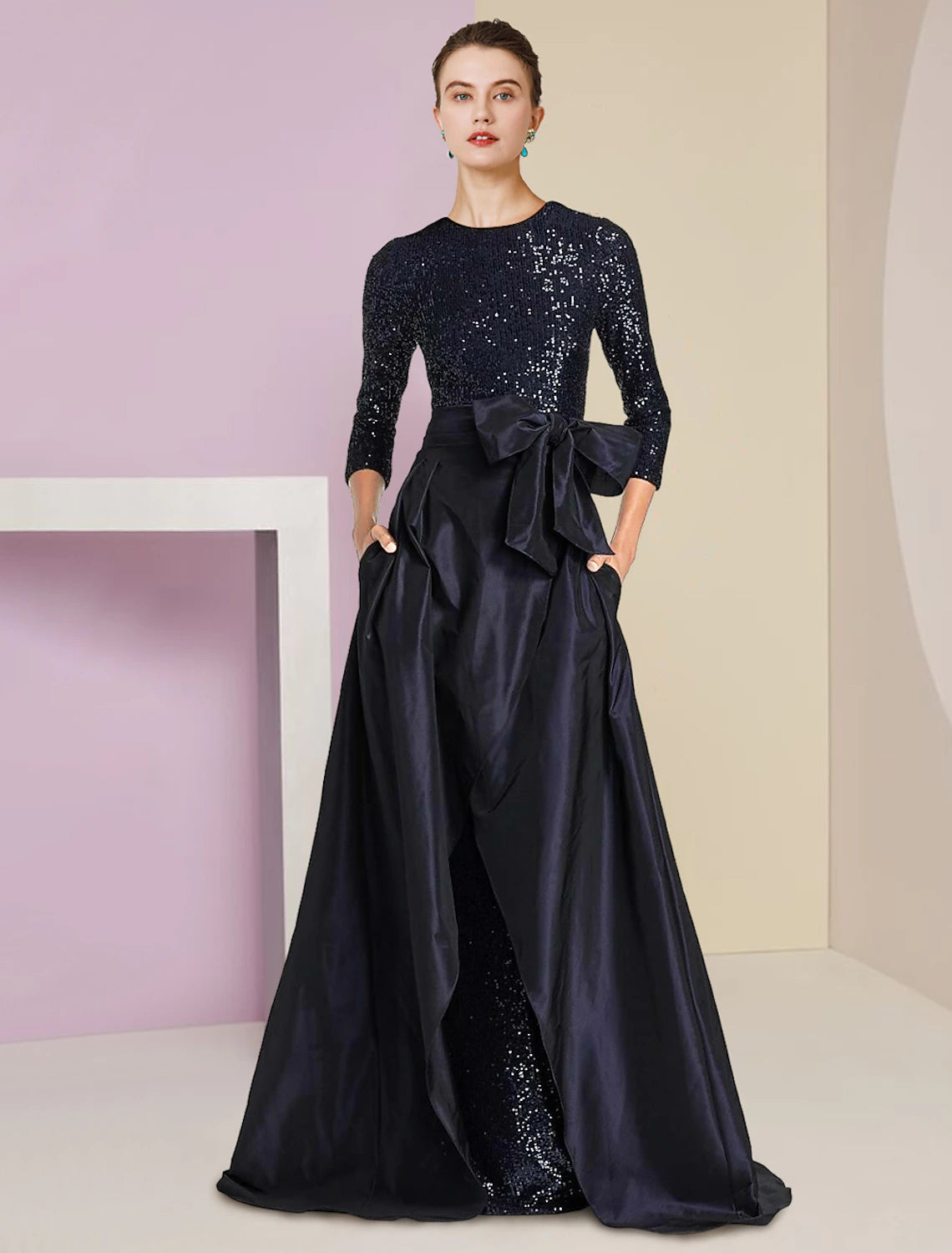 Elegant two-piece sheath Mother of the Bride dress with sequins and scoop neck.