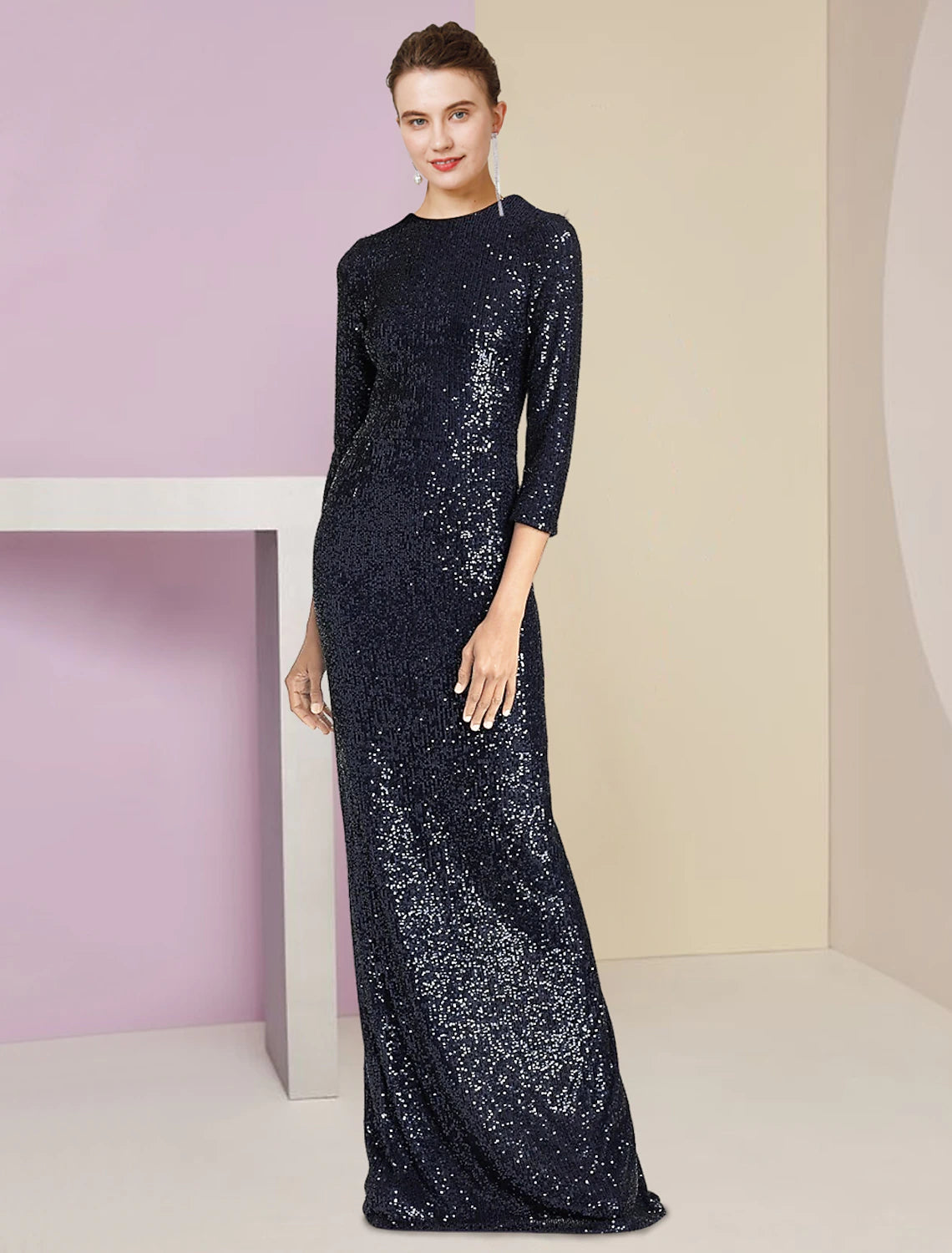 Side view of the floor-length Mother of the Bride dress with 3/4 sleeves.