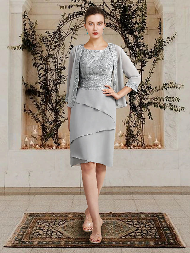 Elegant two-piece sheath Mother of the Bride dress in a light color, featuring a square neckline and knee-length skirt.