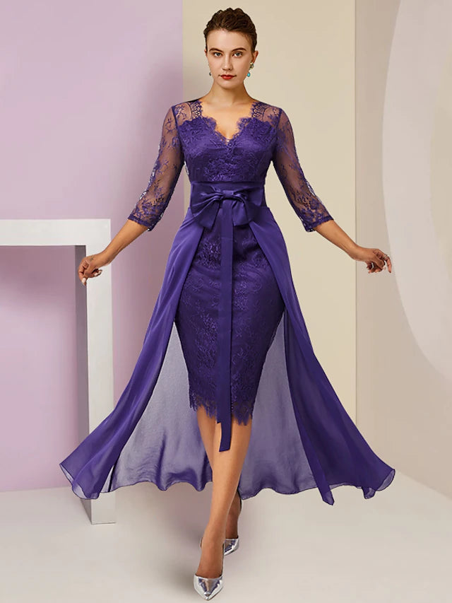 Elegant two-piece V-neck chiffon and lace dress with 3/4 sleeves and bows.