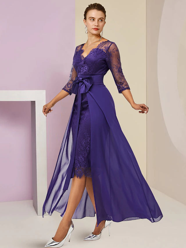 Back view of the two-piece sheath dress, showing lace detail.