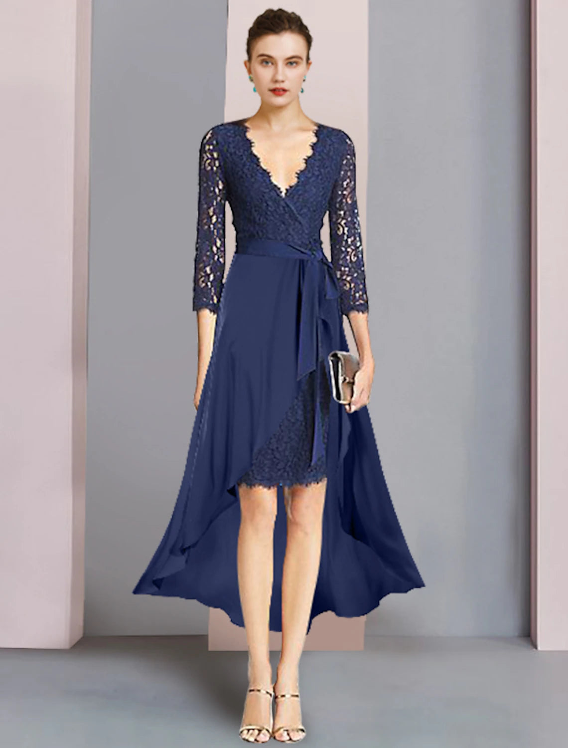 Elegant two-piece sheath Mother of the Bride dress with V-neck, lace, and 3/4 sleeves.