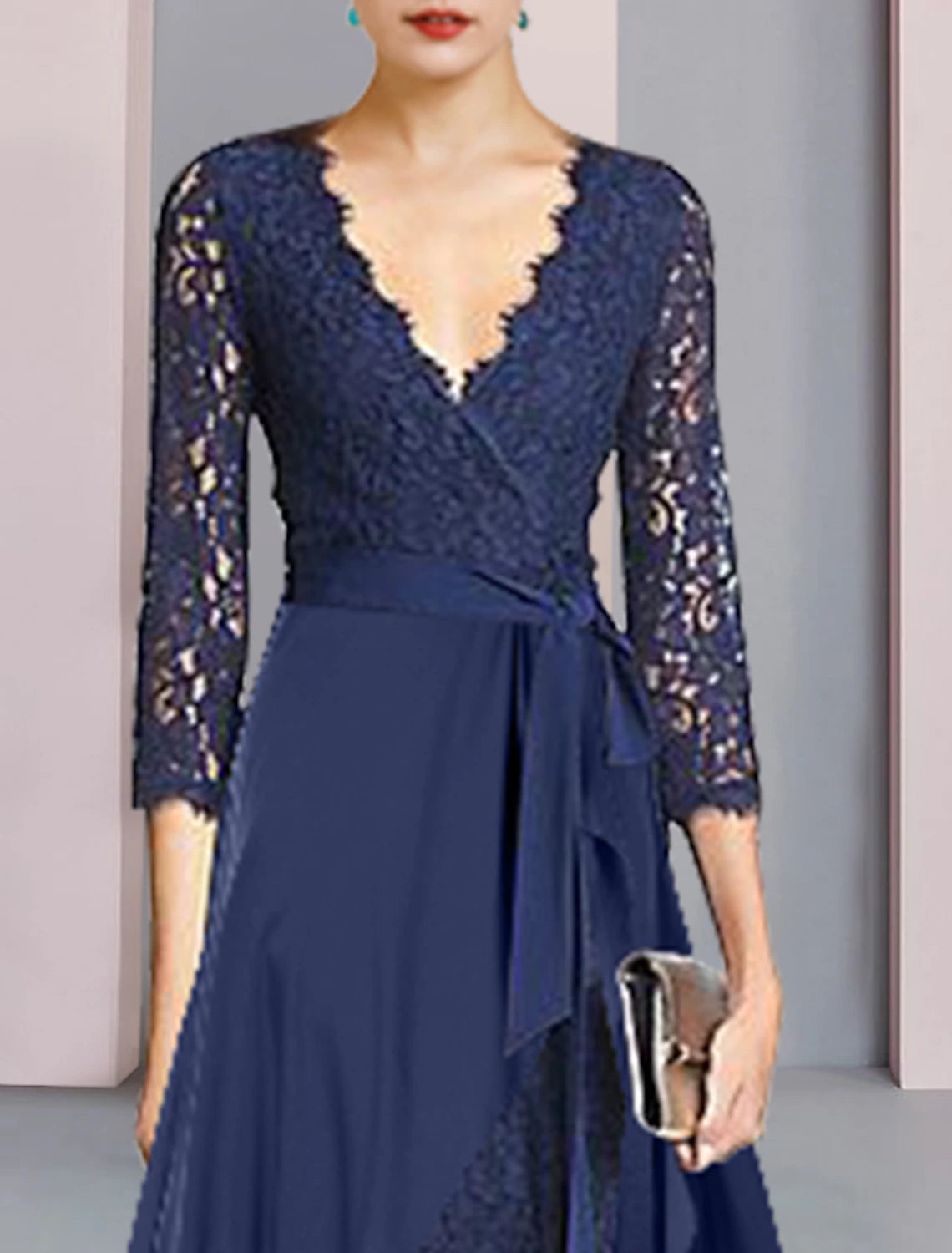 Side view of the two-piece formal dress, highlighting the knee-length cut and bow detail.