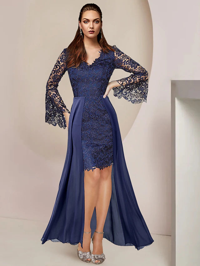 Elegant two-piece sheath dress with V-neck and long sleeves, featuring lace appliques.