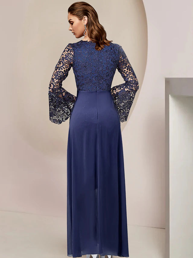 Close-up of lace appliques on the chiffon long sleeve dress.