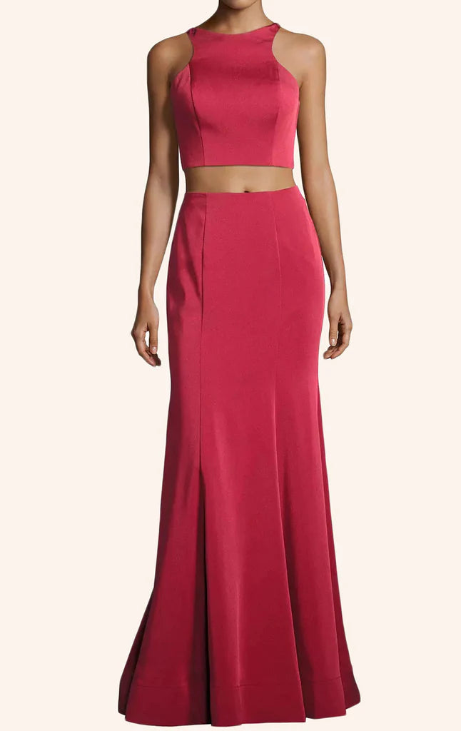 Model wearing an elegant two-piece long formal prom dress.