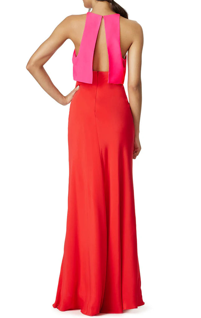 Back view of a two-piece sleeveless formal gown.