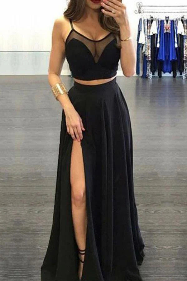 Elegant two-piece chiffon prom dress with spaghetti straps and a side slit.