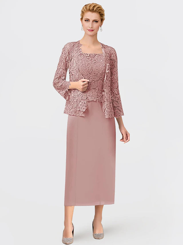 Close-up of chiffon lace and applique details on the formal dress.