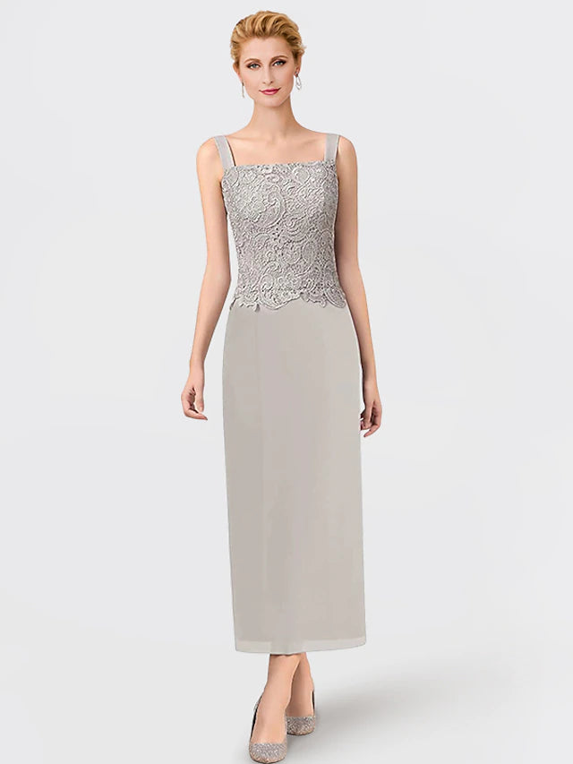 Side view of the two-piece formal dress with included wrap.