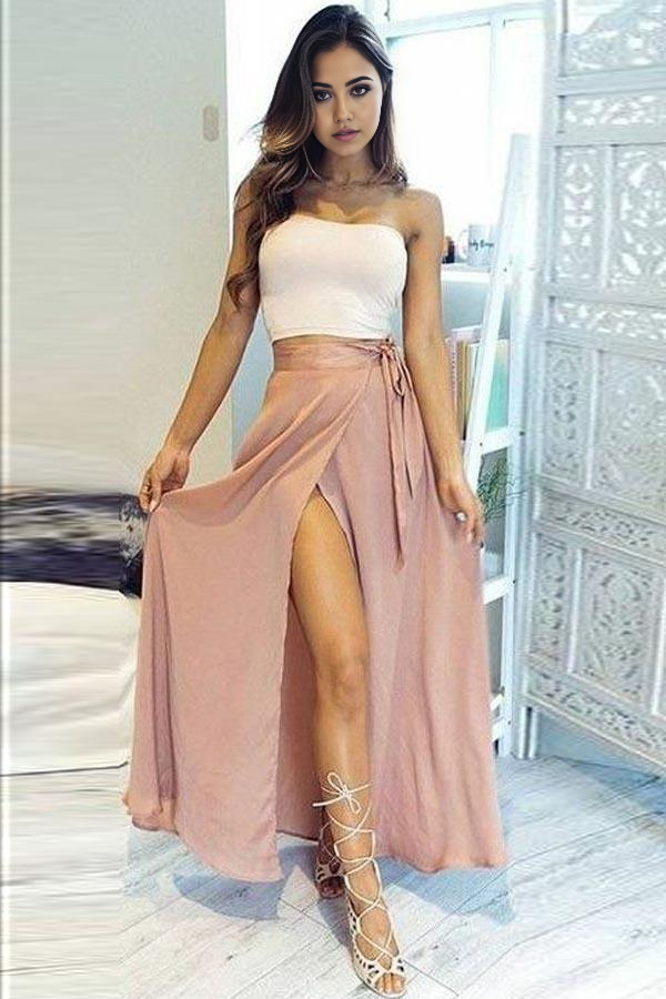 Elegant two-piece strapless chiffon prom dress with a high split.