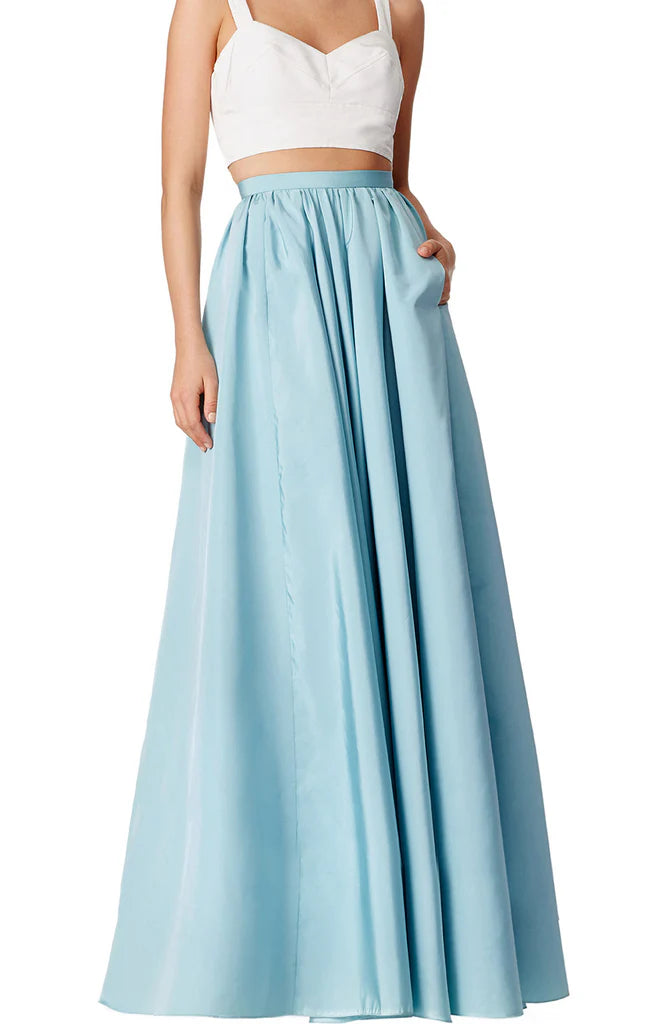 Model wearing an elegant two-piece V-neck satin long prom dress.