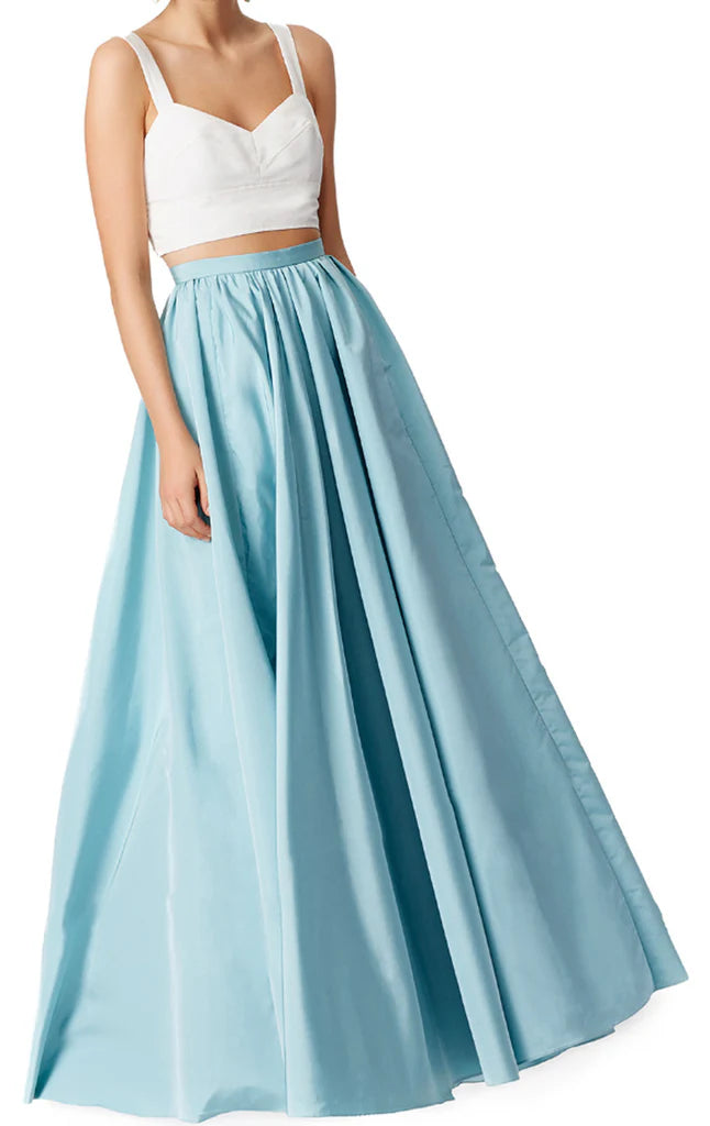 Side profile of the V-neck two-piece long satin dress.