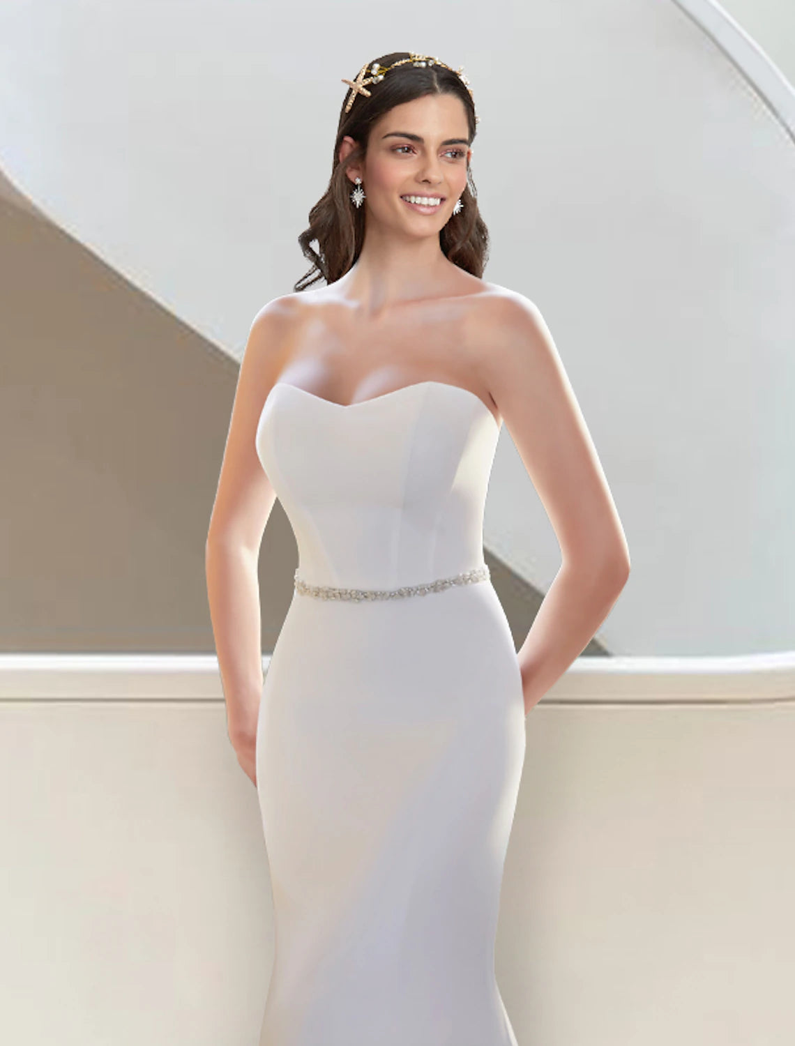 Close-up of the sweetheart strapless bodice of the two-piece wedding dress.