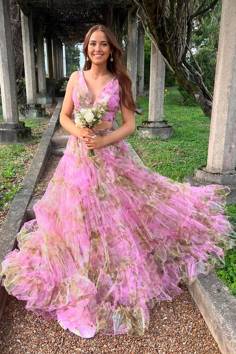 Elegant two-piece V-neck floral tulle long prom dress.