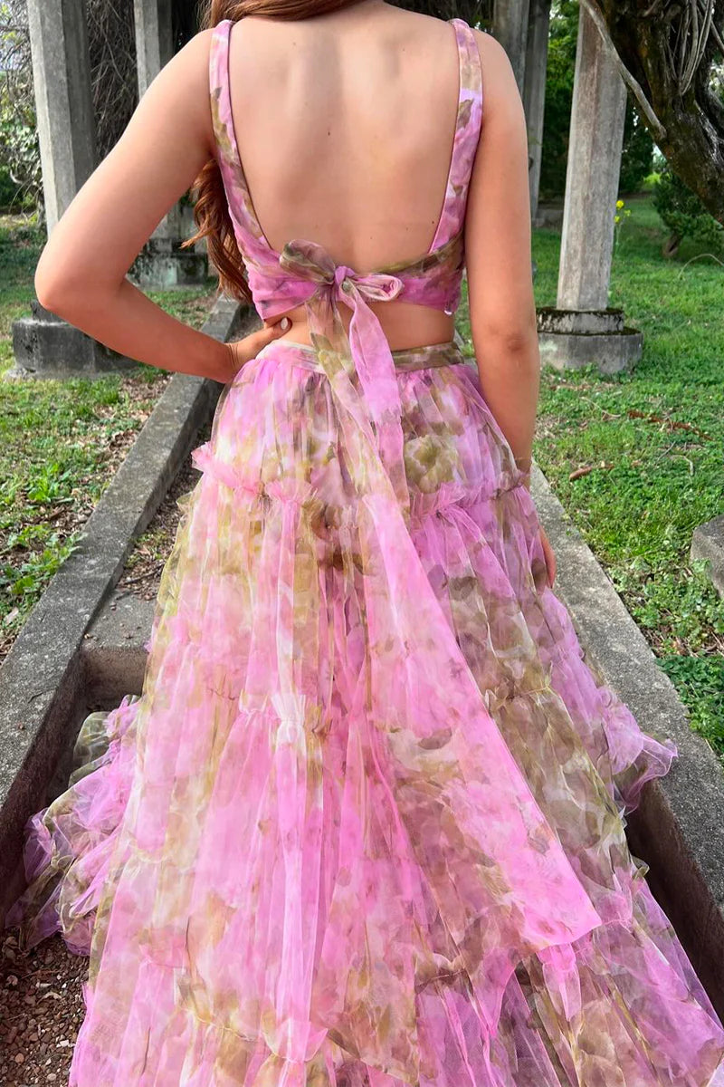 Back view of the two-piece V-neck floral tulle long prom dress.