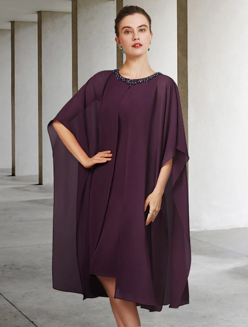 Elegant two-piece V-neck mother of the bride dress with lace and beading, front view.