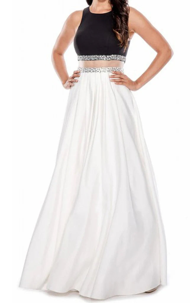 Model showcasing an elegant two-piece V-neck satin long formal prom gown.
