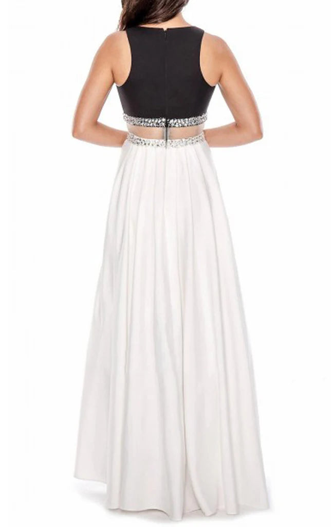 Full view of the elegant two-piece V-neck satin long formal prom gown.