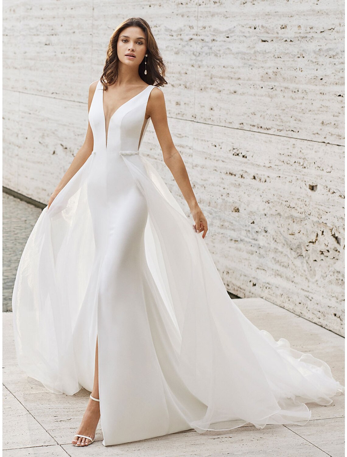 Elegant two-piece V-neck sleeveless satin A-line beach wedding dress with court train.
