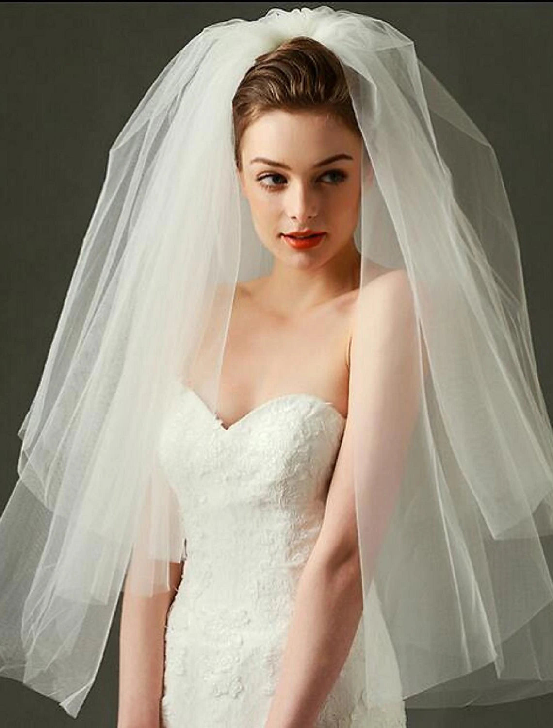 Close-up of a two-tier tulle wedding veil fabric and design.