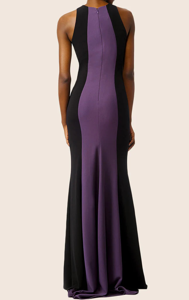 Two-tone mermaid formal evening dress showcasing its elegant silhouette.