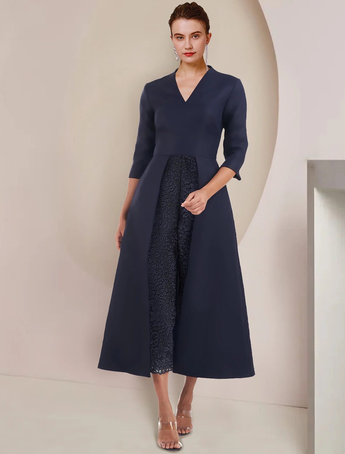 Elegant V-neck tea length taffeta jumpsuit pantsuit with 3/4 sleeves.