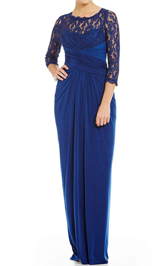 Elegant lace chiffon mother of the bride dress with 3/4 sleeves and V-neck.