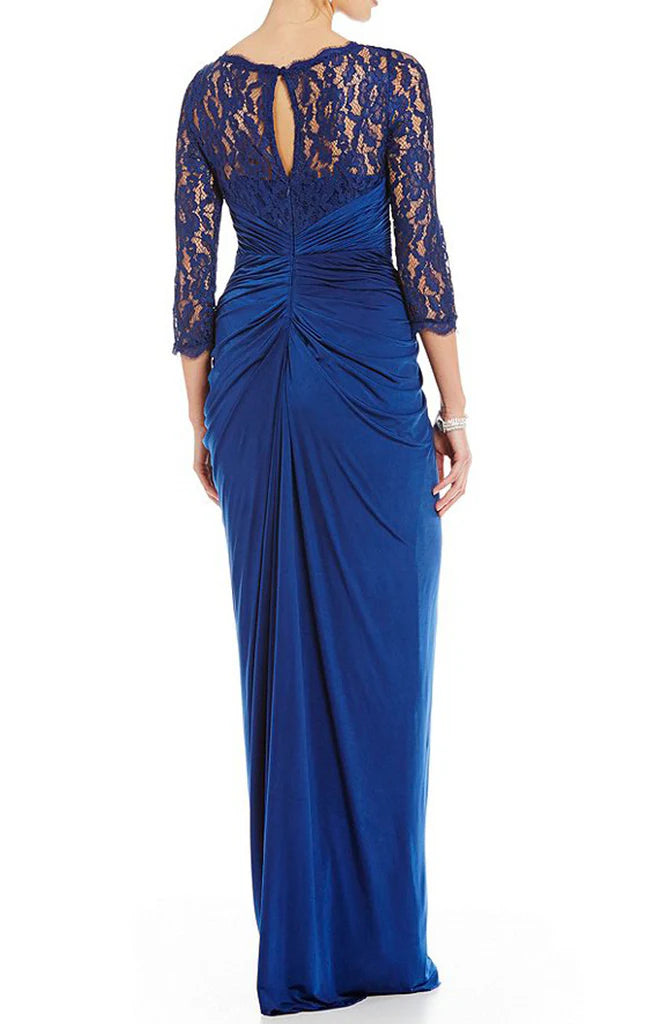 Back view of the ankle-length A-line lace chiffon gown.